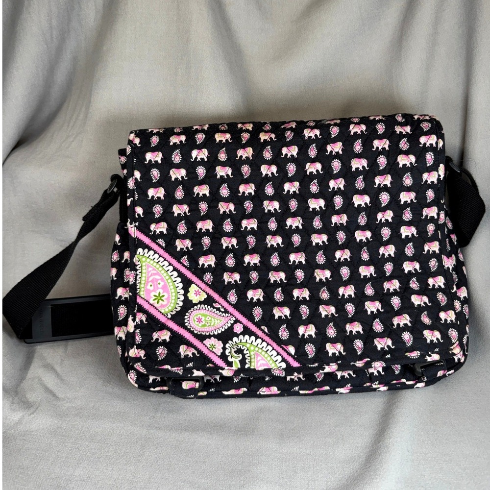 Vera Bradley Elephant Parade Messenger Bag  Black Pink Quilted Crossbody Y2K